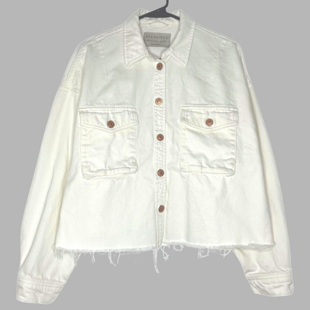 Allsaints Sol Shirt Jacket Womens 6 White Cotton Denim Long Sleeve Trucker Boho